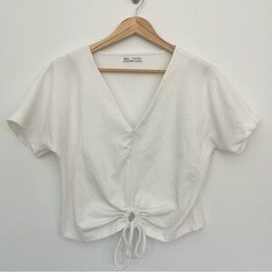 Zara White Short Sleeve V-Neck Top w Tie Front Sz Small Women’s Cropped Boxy